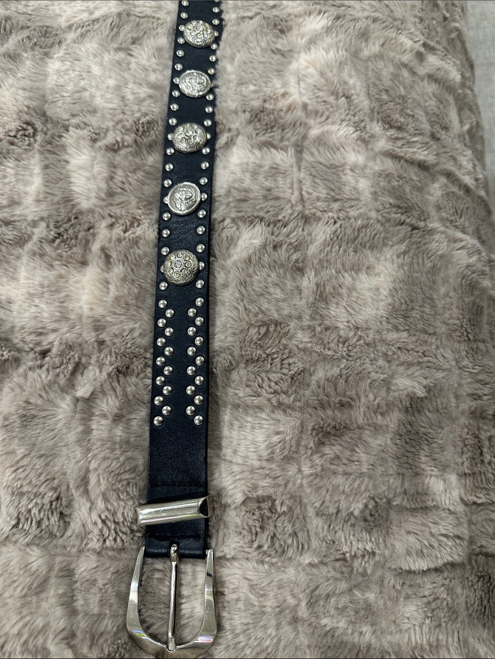 VERSACE Black Leather Studded Medusa head & rhinestone adorned belt